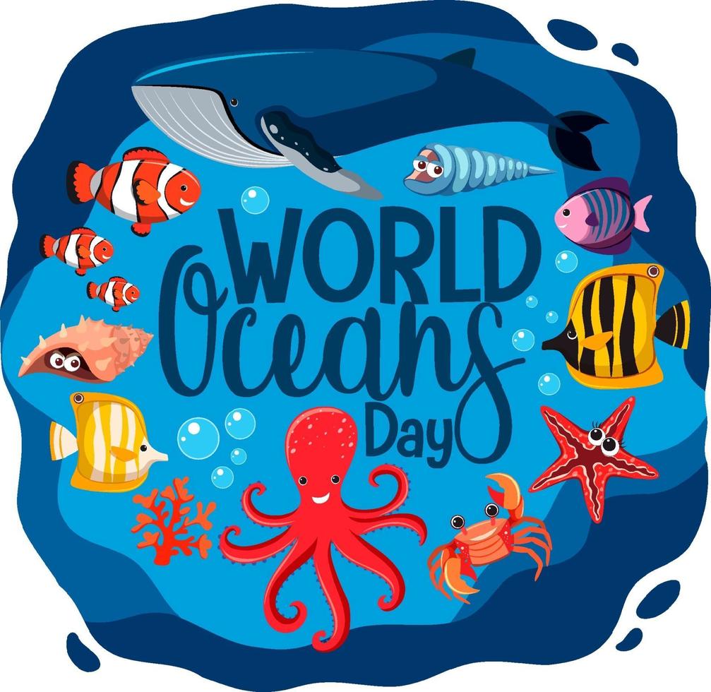 World Ocean Day banner with many different sea animals vector