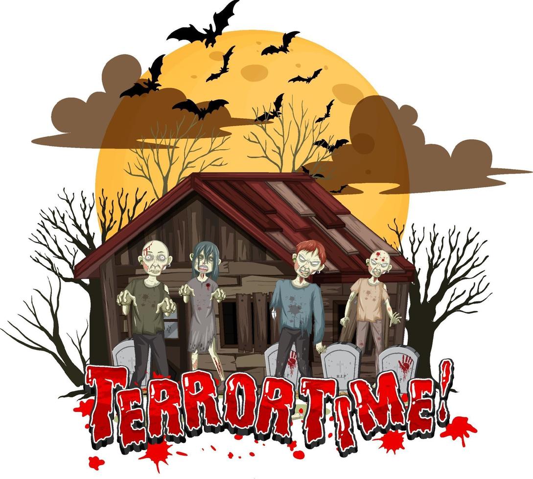 Diseño de texto de tiempo de terror con casa embrujada. vector