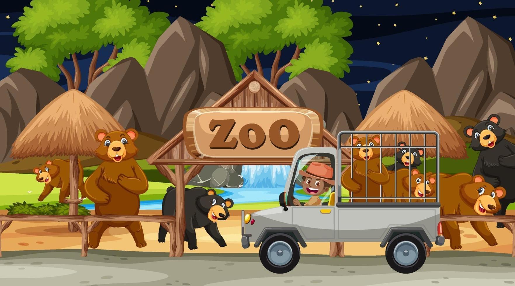 Zoo concept with wild bear group in the cage car vector