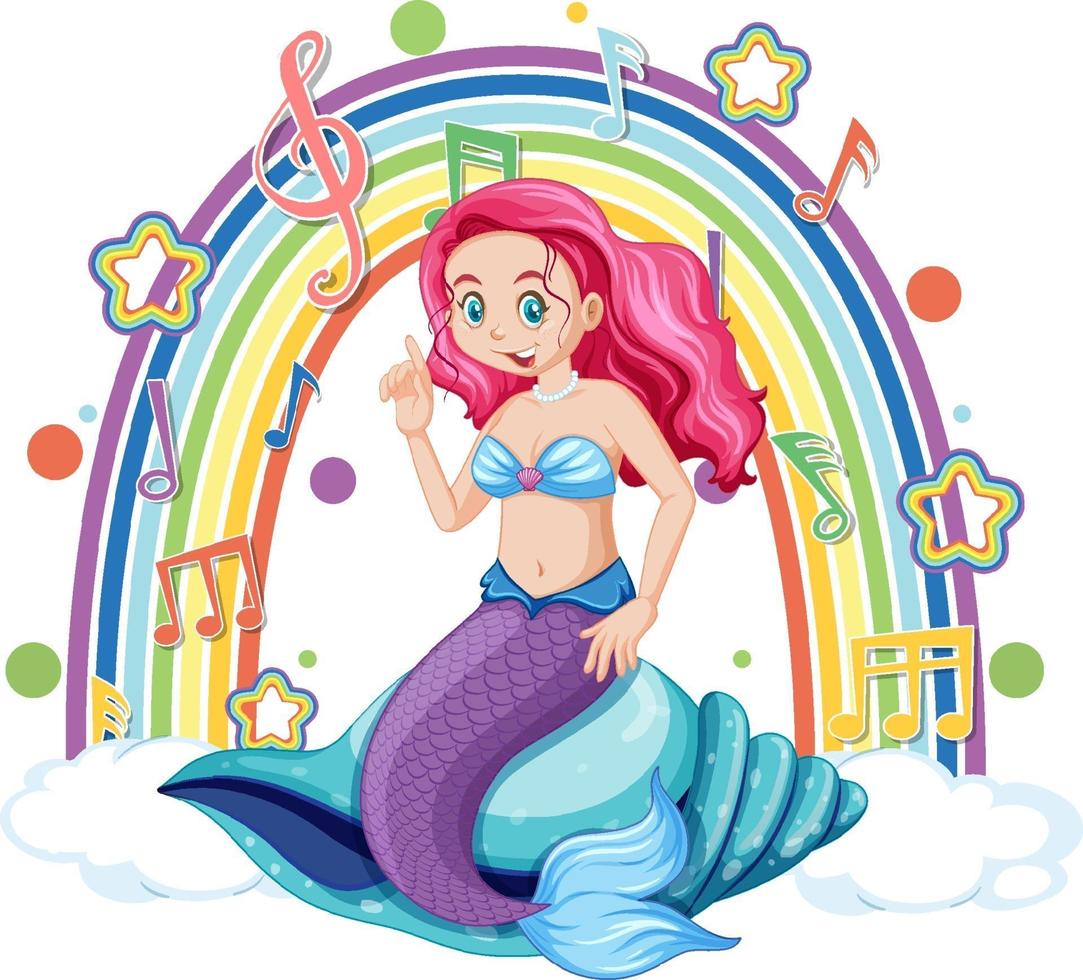 Beautiful mermaid with melody symbols on rainbow vector