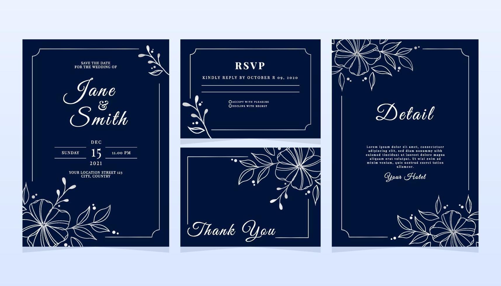 conjunto de elegante invitación de boda floral vector