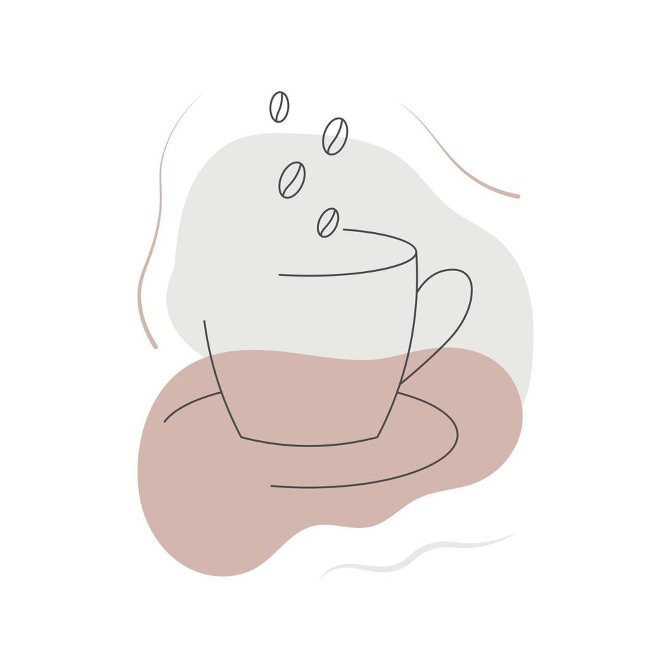 A cup of coffee with coffee beans in pastel colours in linear style. vector