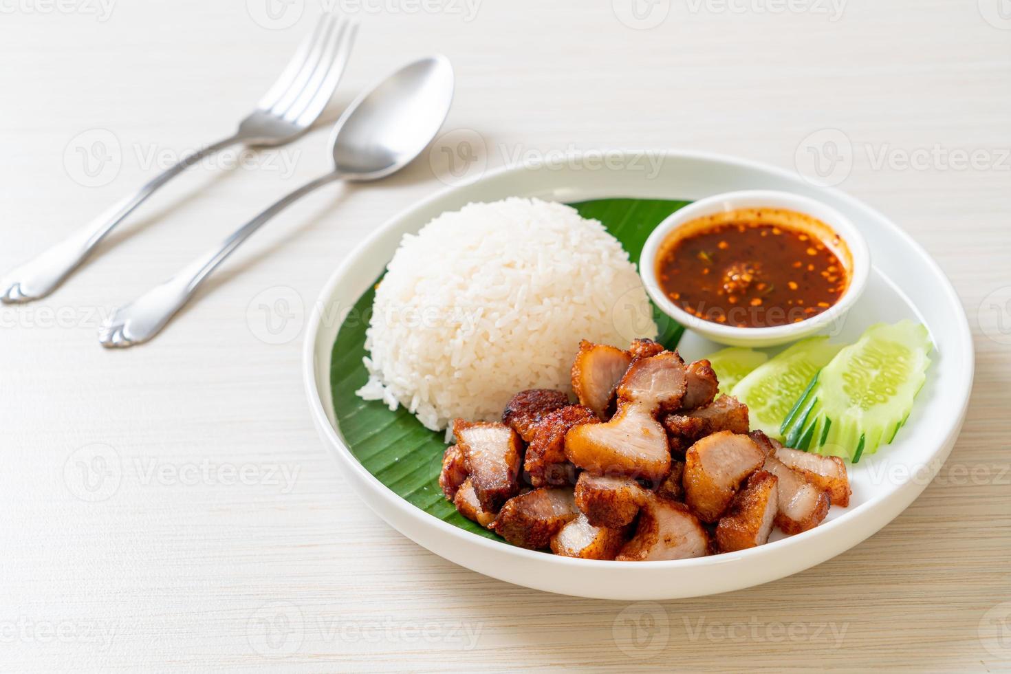 Panceta frita con arroz con salsa picante foto