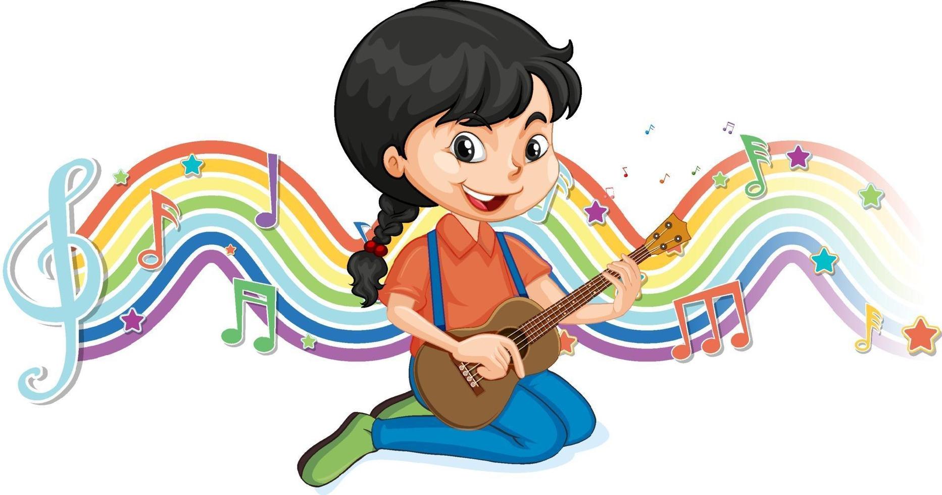 niña tocando la guitarra con símbolos de melodía en la onda del arco iris vector