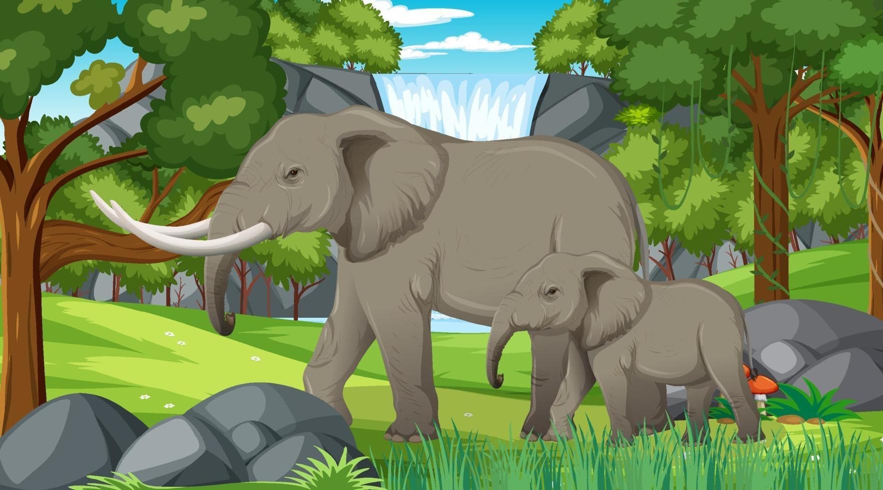 elefante en el bosque o la escena de la selva tropical con muchos árboles vector