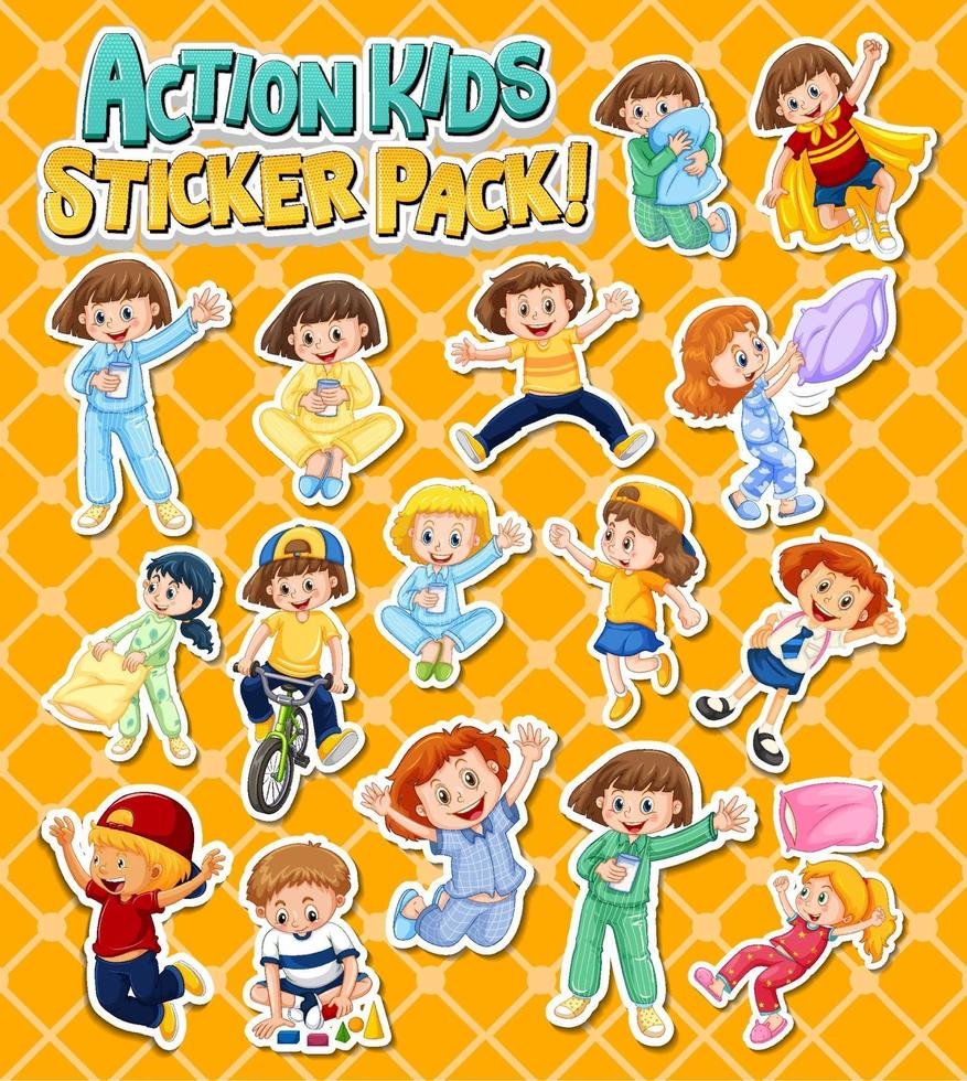 Conjunto de diseño de pegatinas con niños realizando diferentes actividades. vector