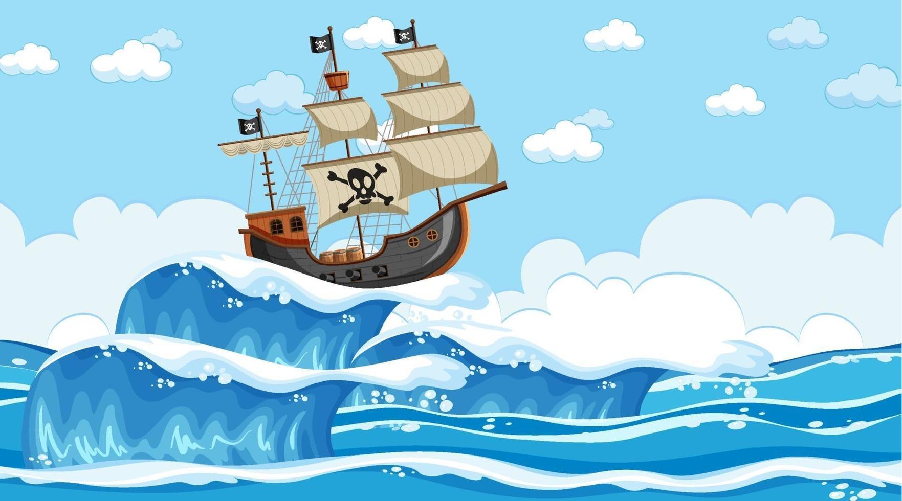 escena del océano durante el día con barco pirata en estilo de dibujos animados vector