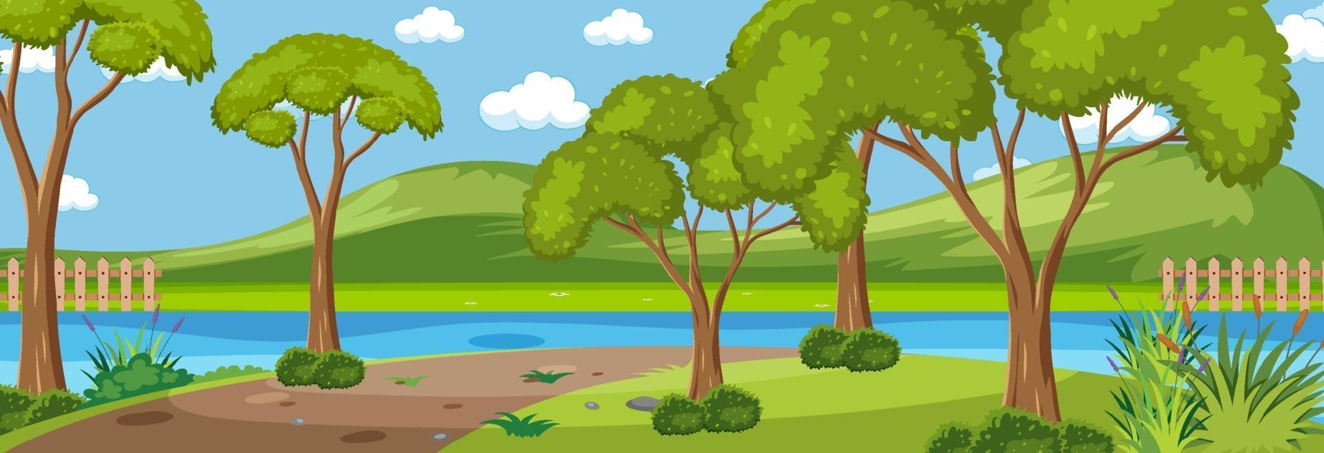 Forest along the river horizontal scene at day time with many trees vector