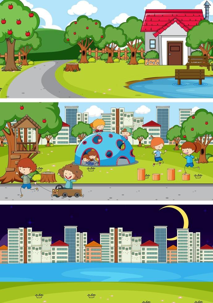 Different scenes with doodle kids cartoon character vector