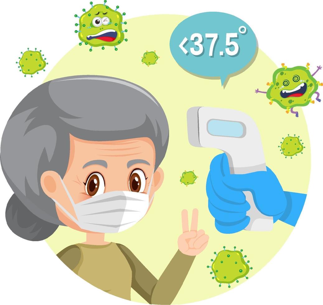 Old woman cartoon character with body temperature checking vector