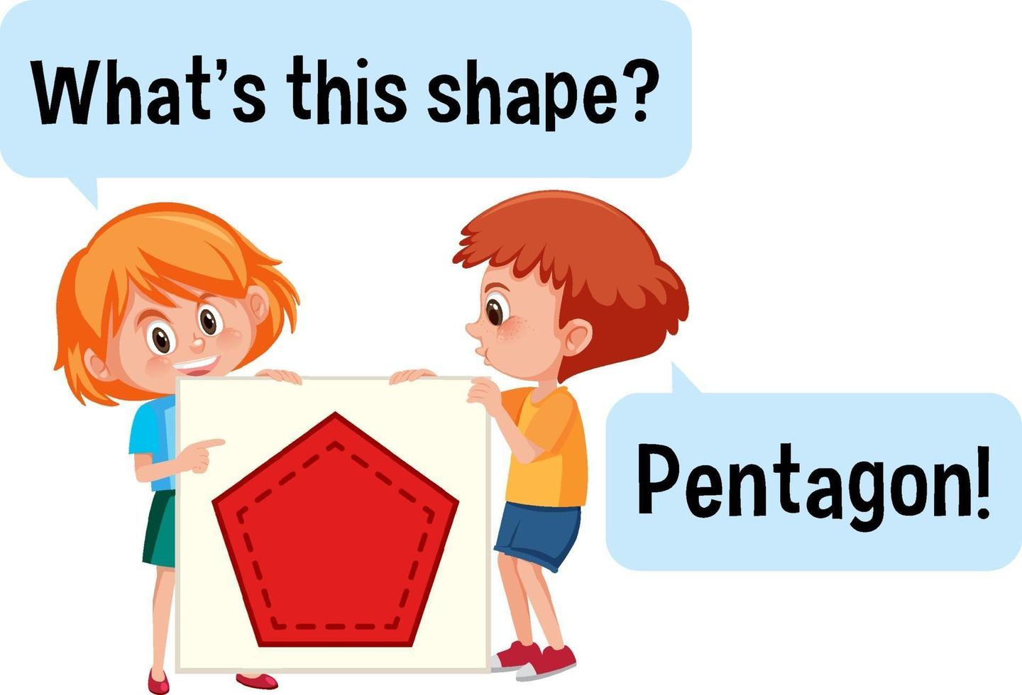 Kids holding pentagon shape banner with What's this shape font vector