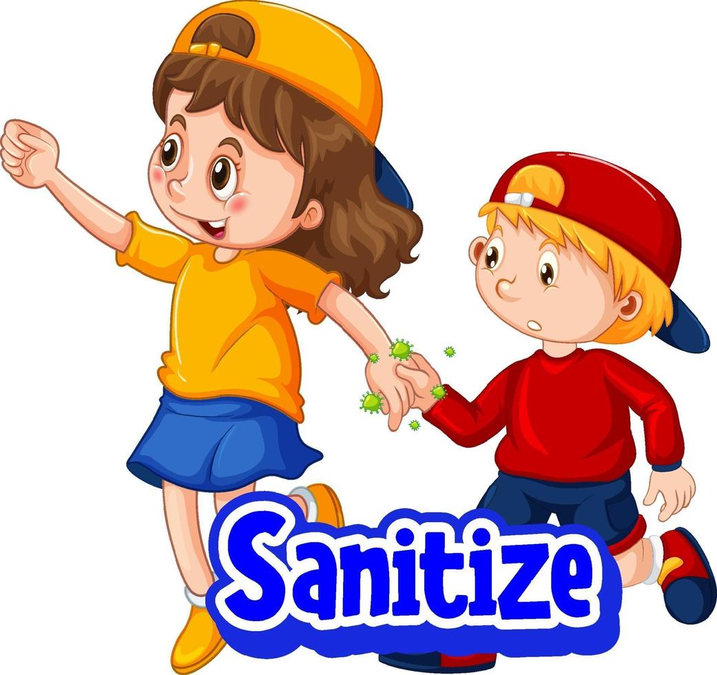 Two kids do not keep social distance with Sanitize font logo vector
