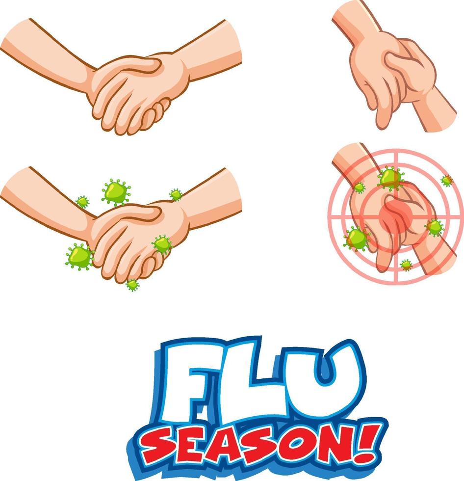 Flu Season font design with virus spreads from shaking hands vector