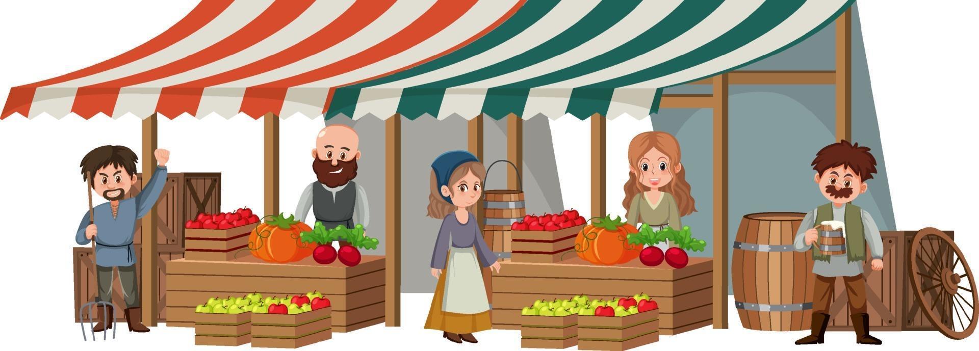 Medieval villagers at fruit store on white background vector