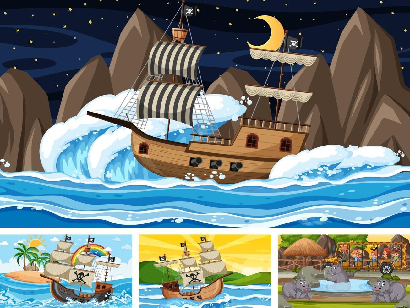 Different scenes with pirate ship at the sea and animals in the zoo vector