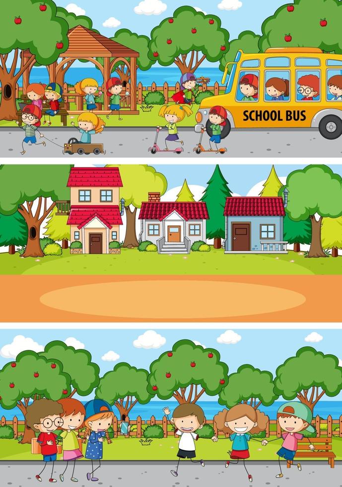 Different nature scenes with doodle kids cartoon character vector