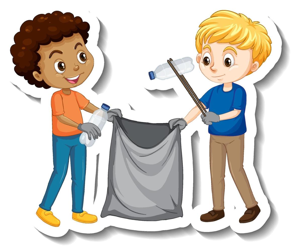 Two boys picking litters cartoon character sticker vector