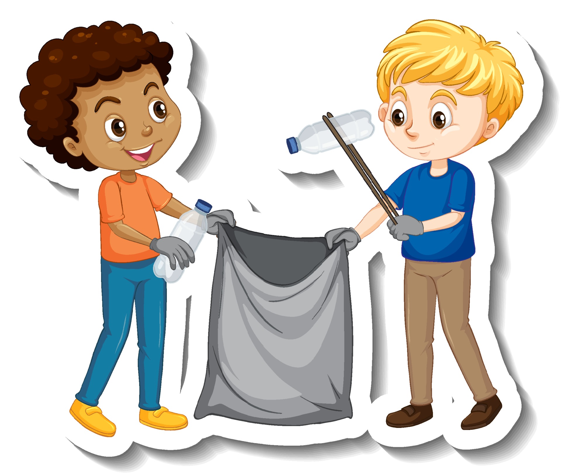 Two boys picking litters cartoon character sticker 3332576 Vector Art