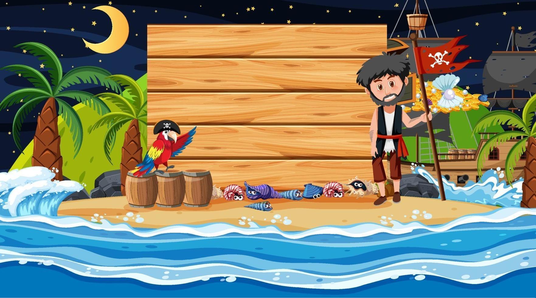 Pirate kids at the beach night scene with empty wooden board template vector