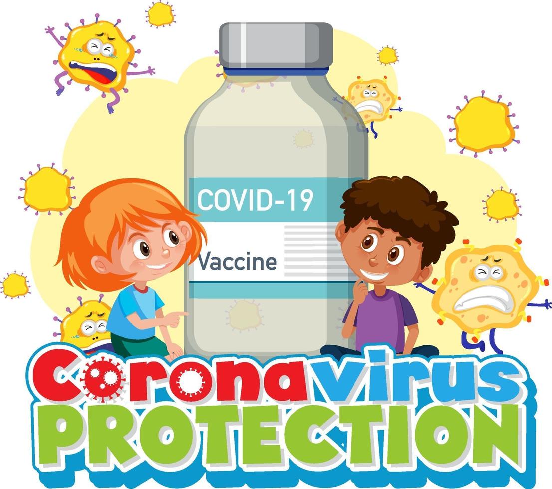 Protección contra coronavirus con niños y botella de vacuna. vector