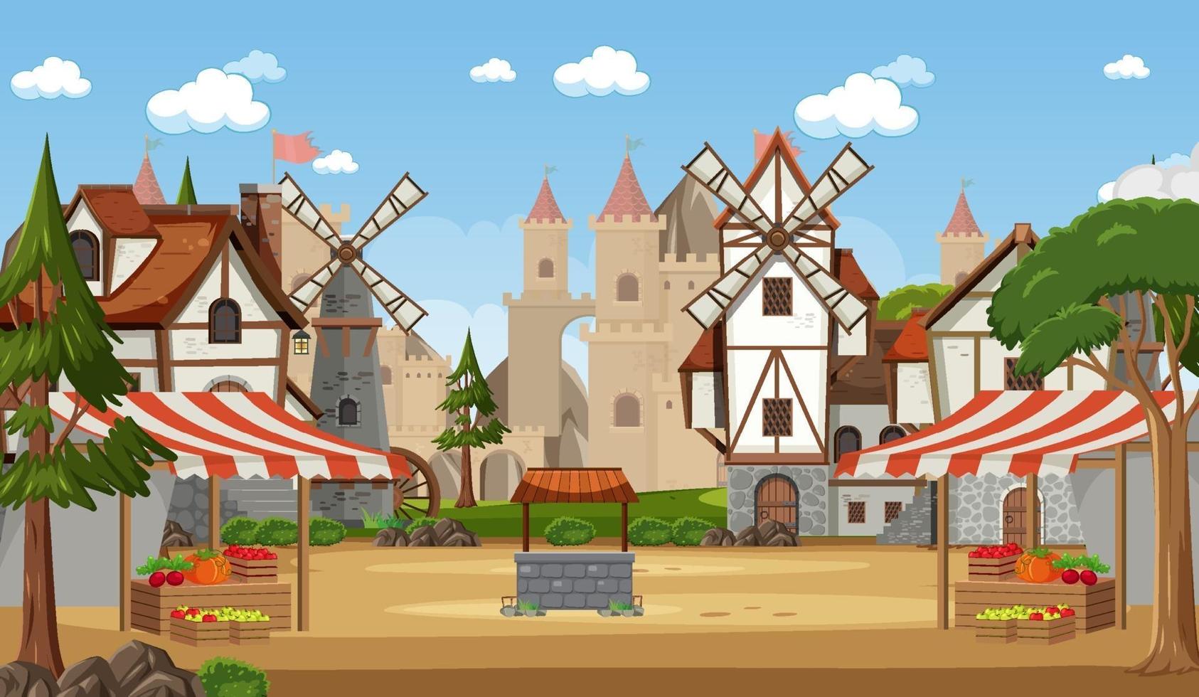 escena de la ciudad medieval con mercado vector