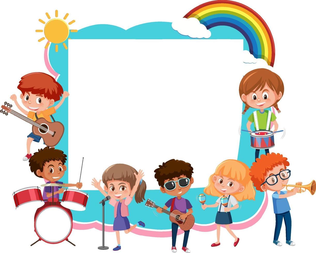 Empty board with kids playing different musical instruments vector
