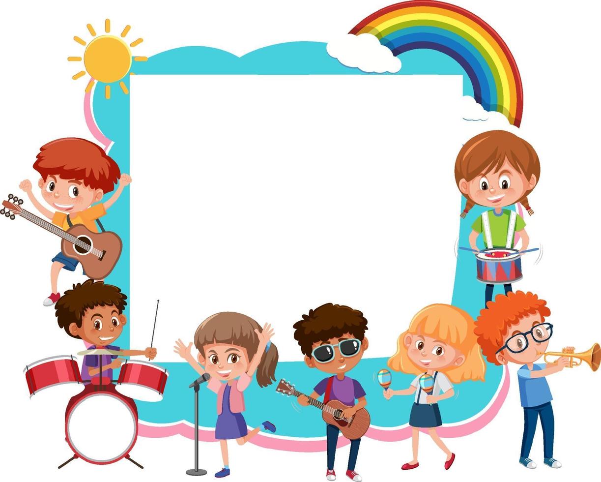 tablero vacío con niños tocando diferentes instrumentos musicales. vector