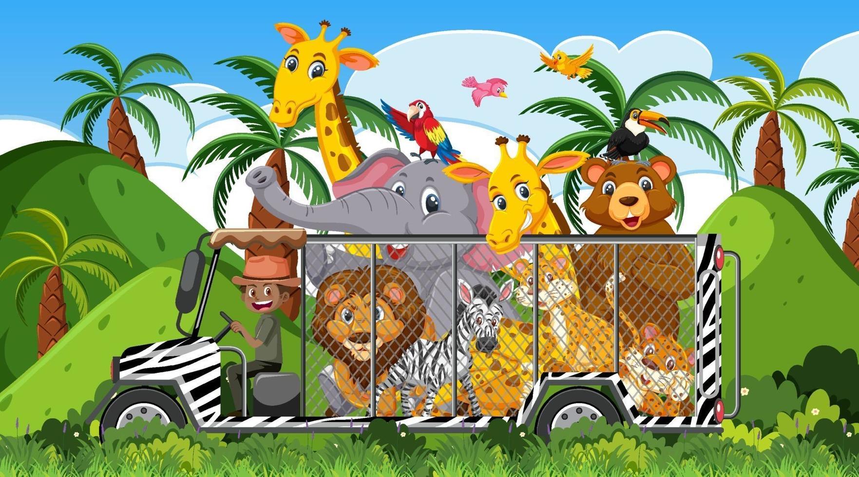 Safari scene at daytime with wild animals on the tourist car vector