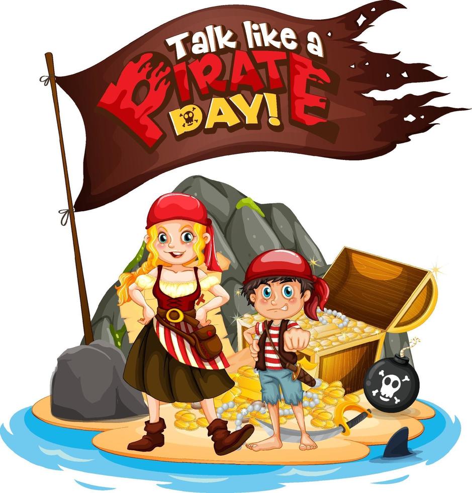 Talk like a pirate day font banner with pirate kids cartoon character vector