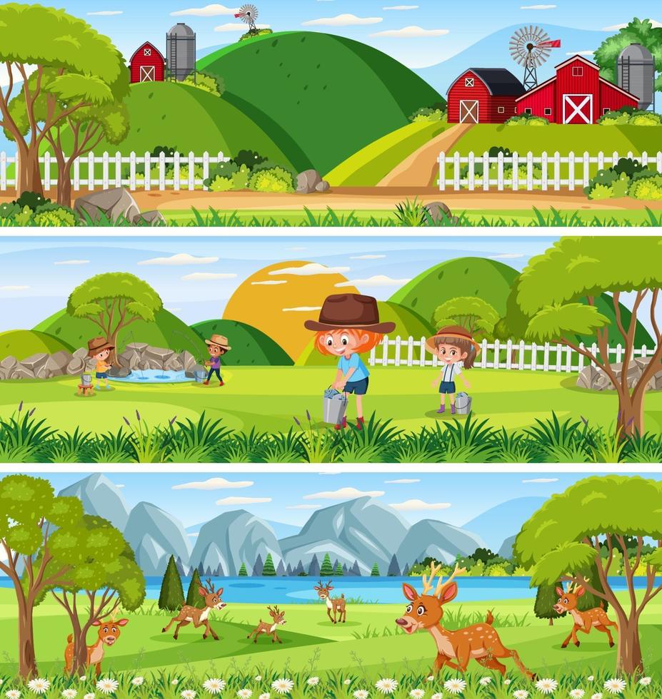 Different nature scenes at daytime scene with cartoon character vector