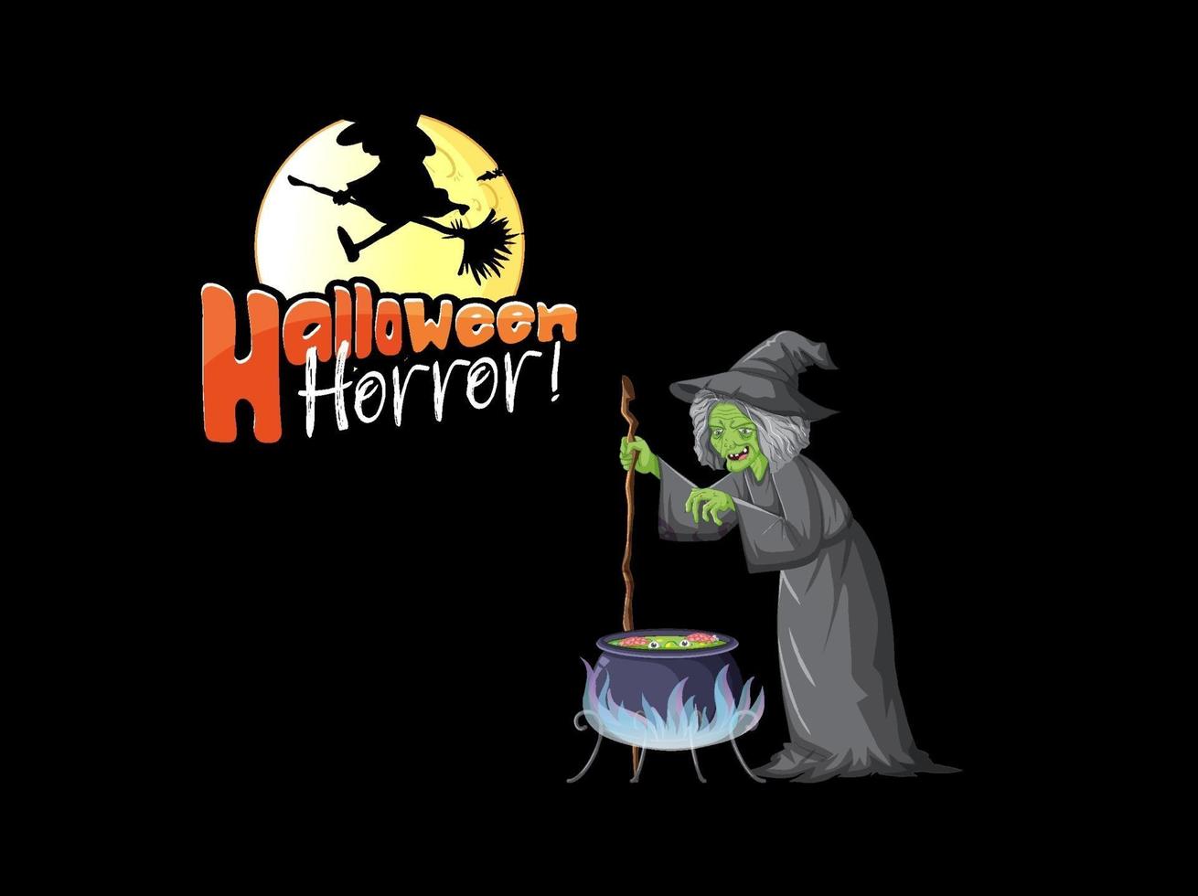 logo de horror de halloween con personaje de dibujos animados de bruja vieja vector