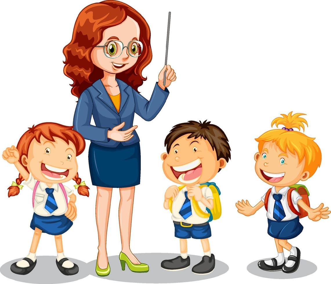 Teacher talking with her students on white background vector