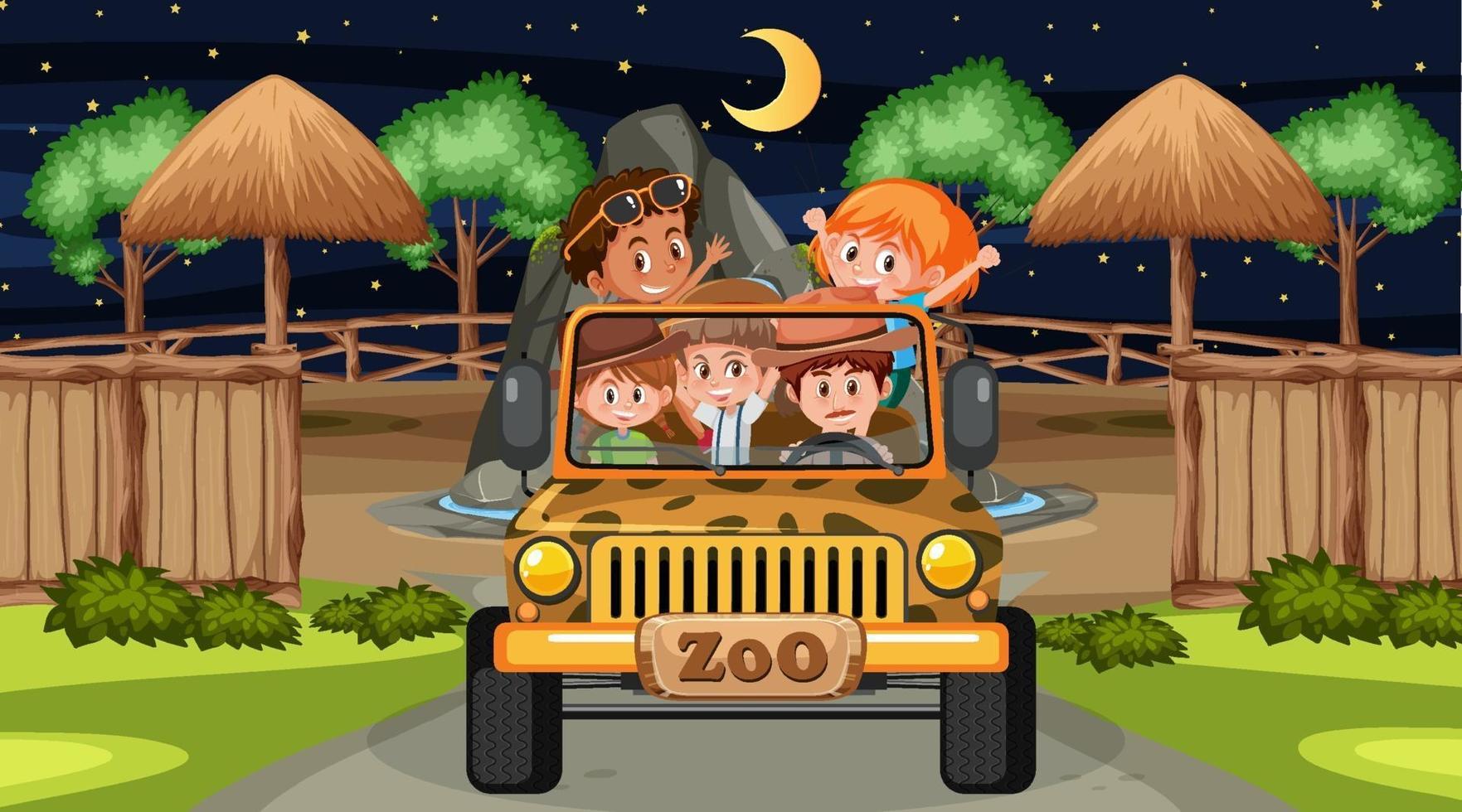 Safari en la escena nocturna con muchos niños en un coche jeep. vector