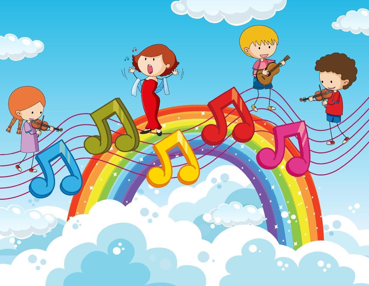 Niños felices con símbolos de melodía musical en el cielo con arco iris vector