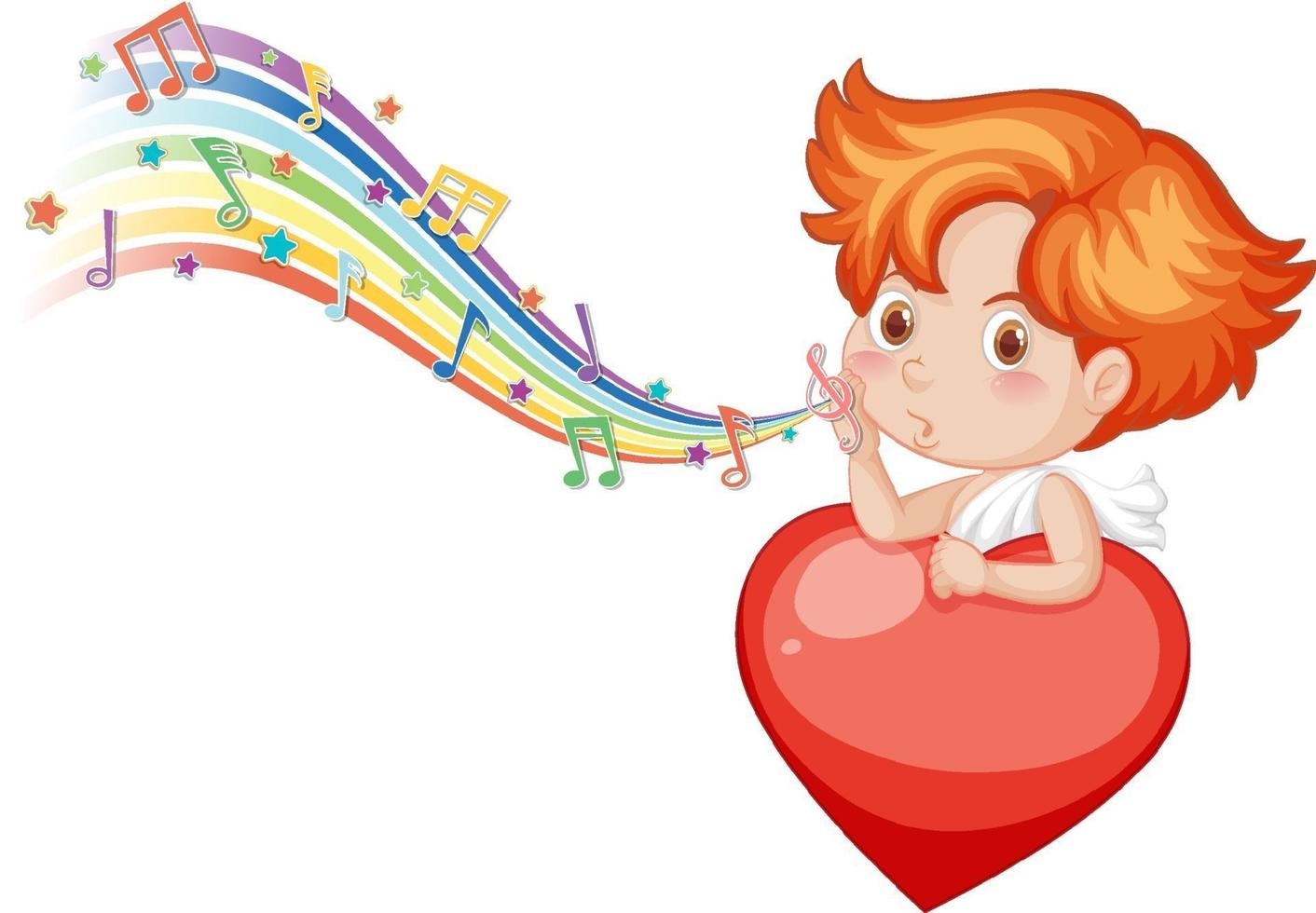 Cupid angel character with melody symbols on rainbow vector
