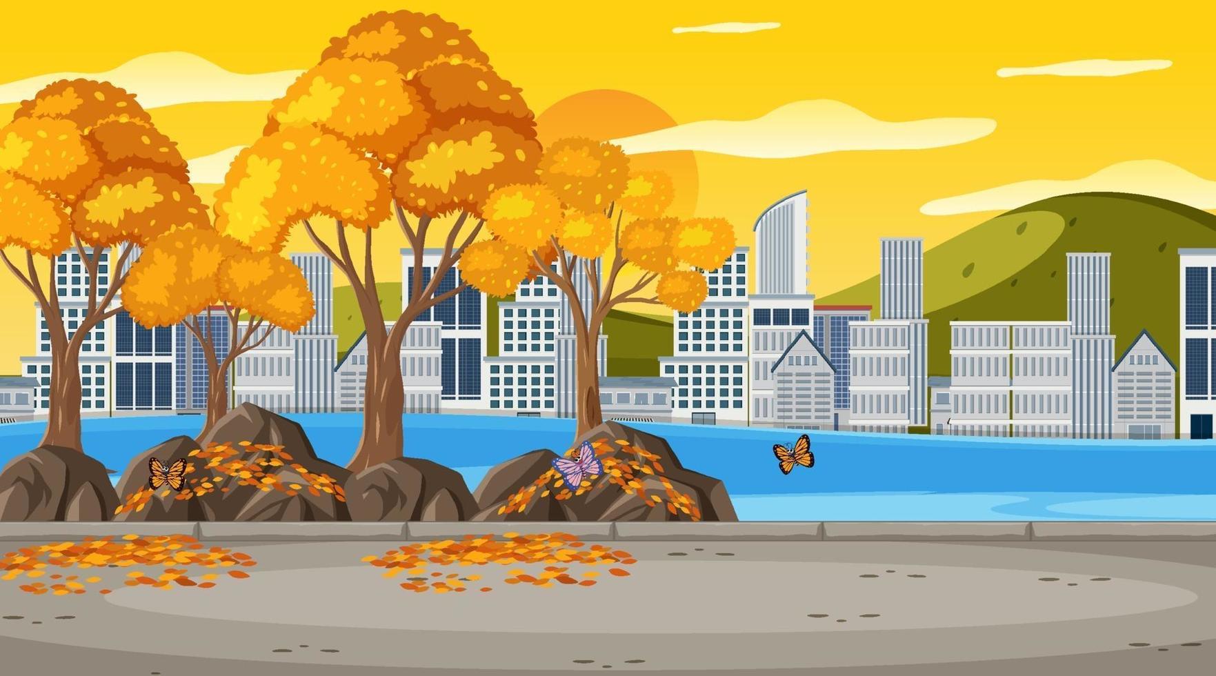 Empty park in the city scene at sunset time vector