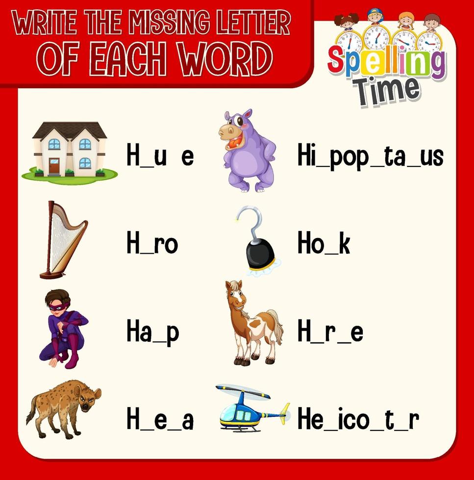 Write the missing letter of each word worksheet for children vector