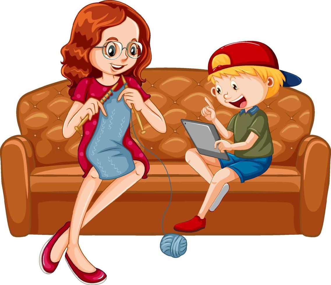 Boy sitting on couch learning from tablet with his mother vector