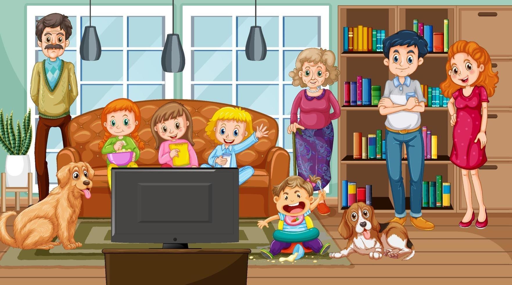 Big family with their pet in the living room scene 3332793 Vector Art at  Vecteezy