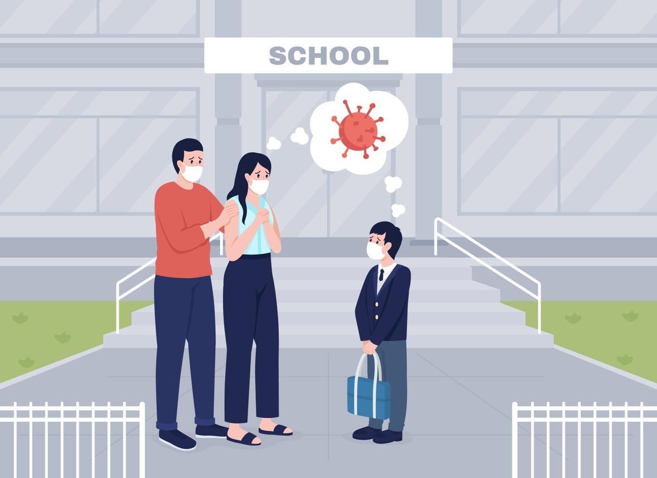 Worried parents see their son off to lessons flat color illustration vector