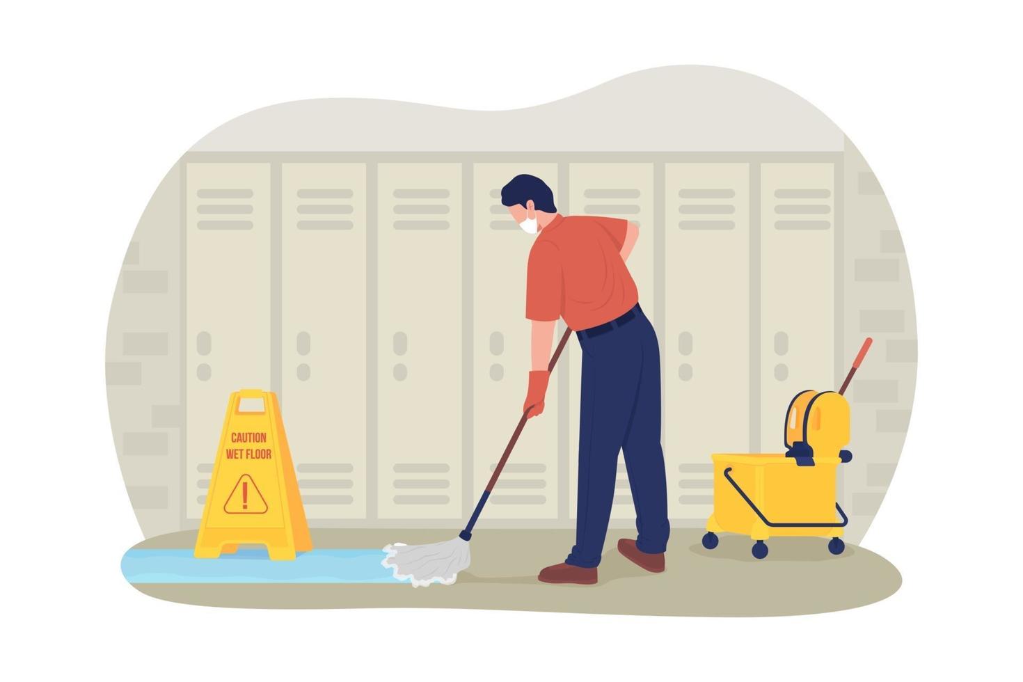 School janitor in the corridor 2D vector isolated illustration