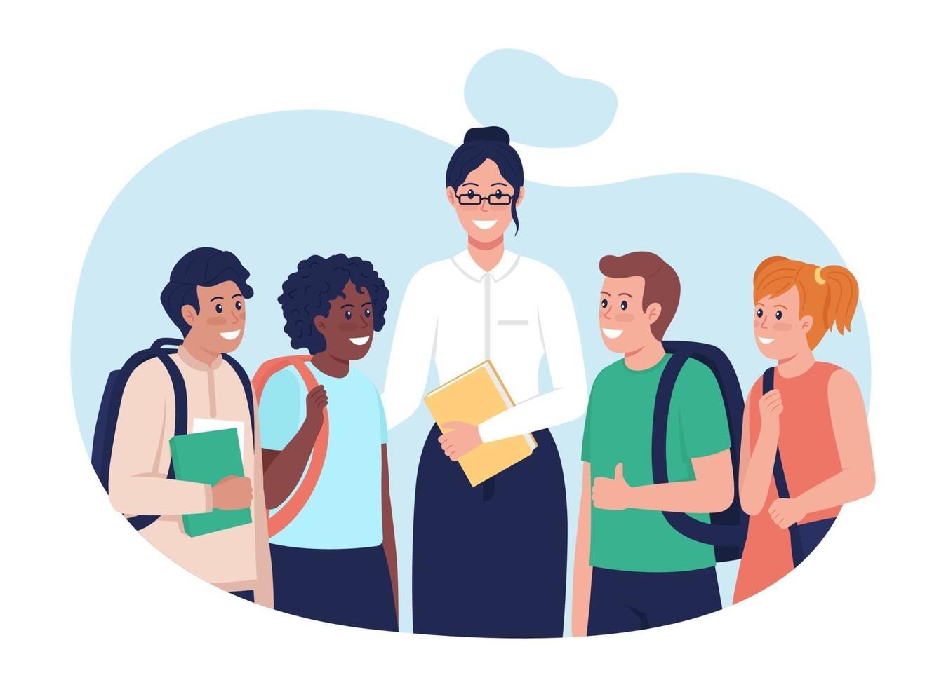 Teacher with students 2D vector isolated illustration