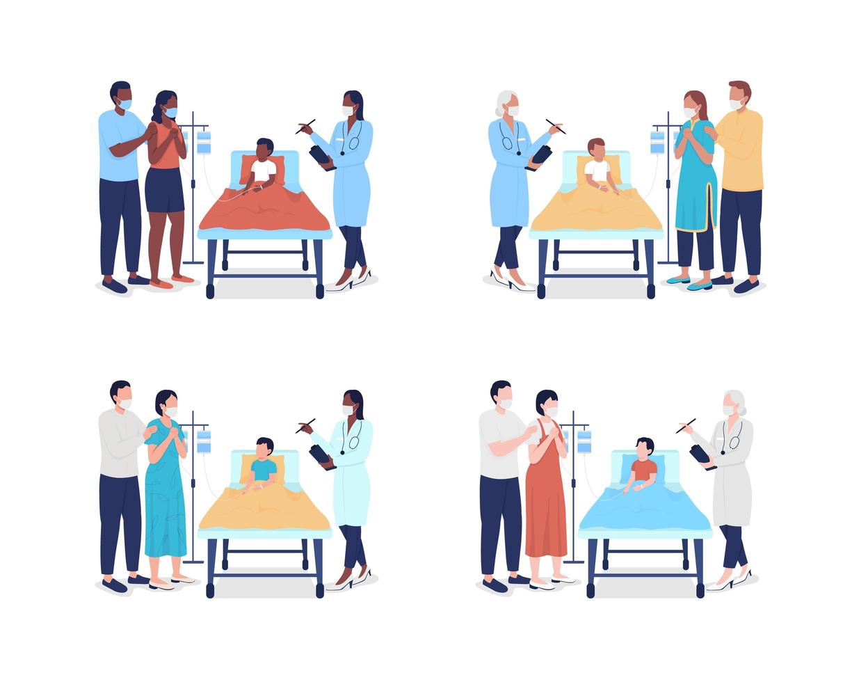 Pediatric emergency room semi flat color vector characters set
