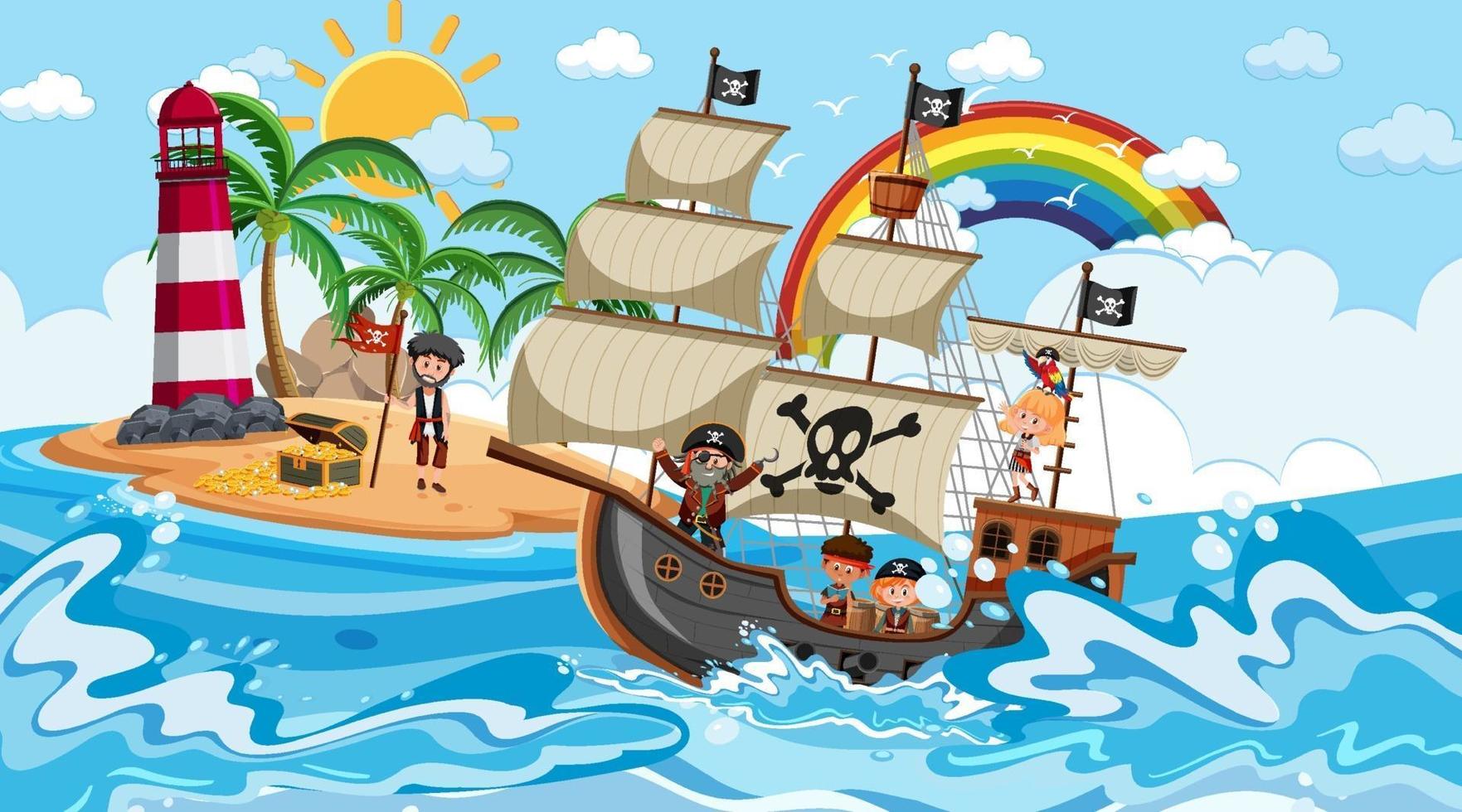 playa con barco pirata en la escena diurna en estilo de dibujos animados vector