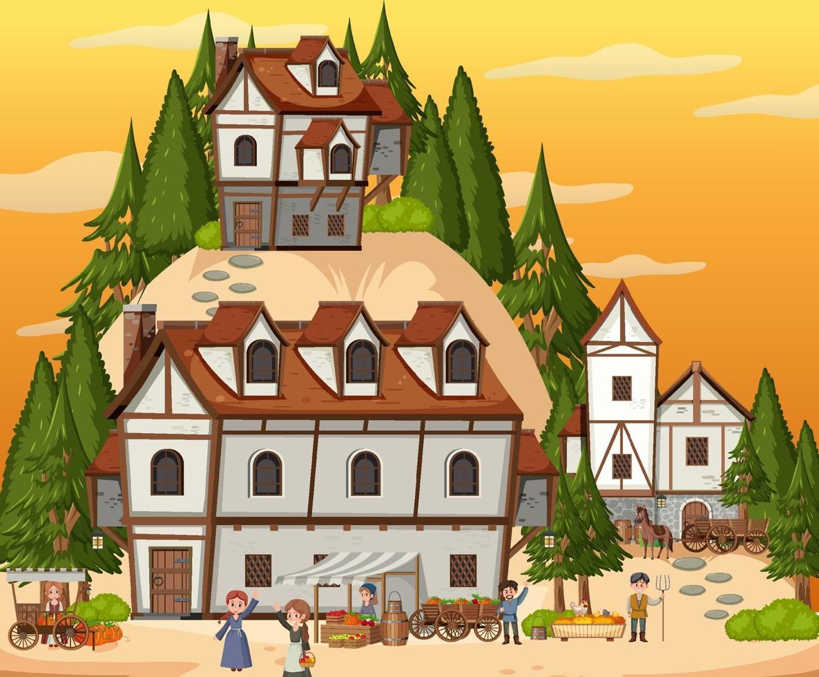 escena de pueblo medieval con aldeanos. vector