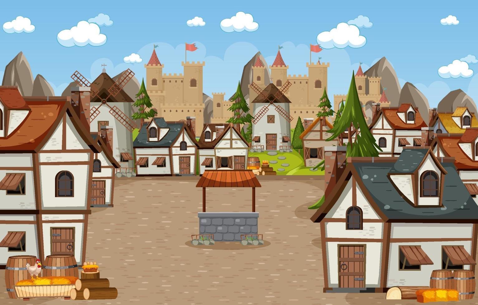 Escena de la ciudad medieval con fondo de castillo vector