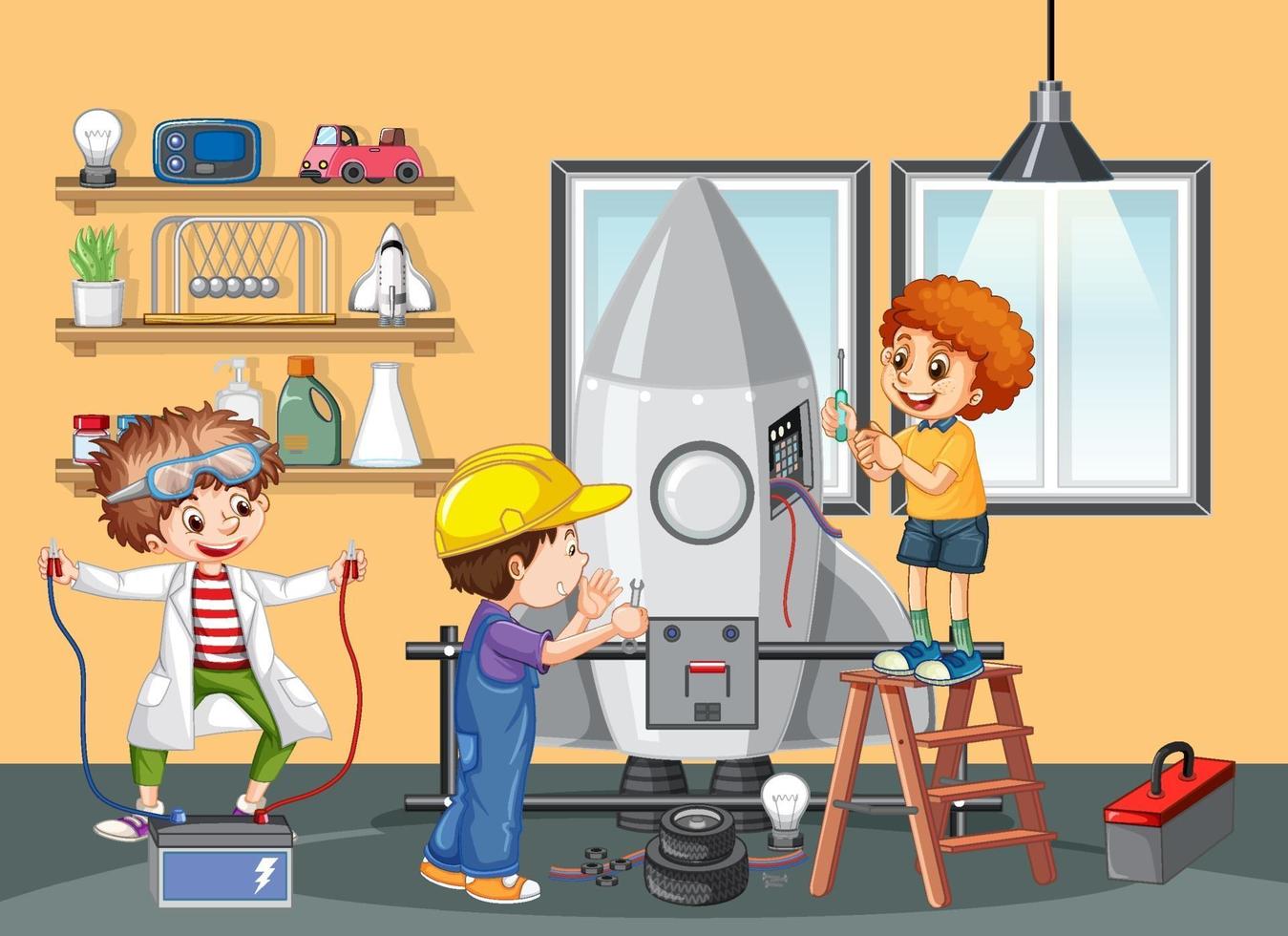 Kids building robot together in the room scene vector