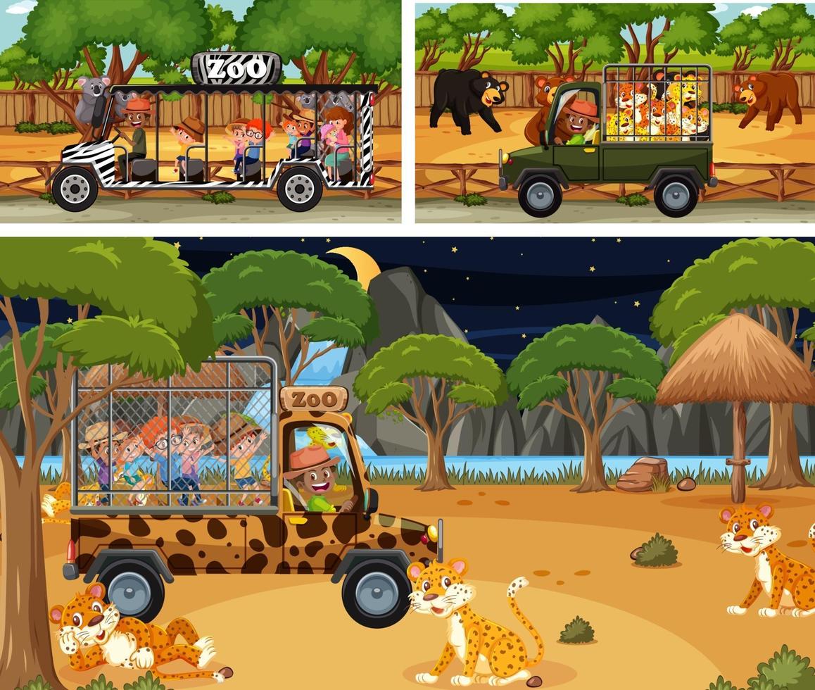 Different safari scenes with animals and kids cartoon character vector