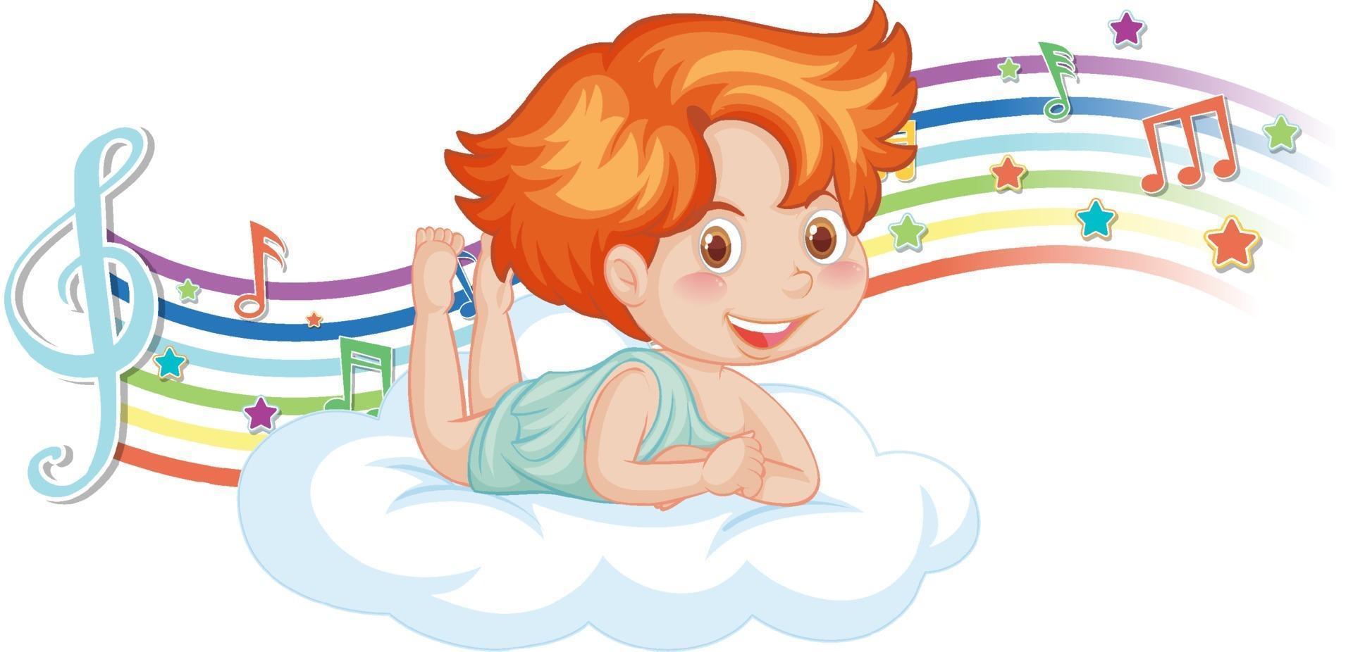 Cupido niño personaje en la nube con símbolos de melodía en arco iris vector