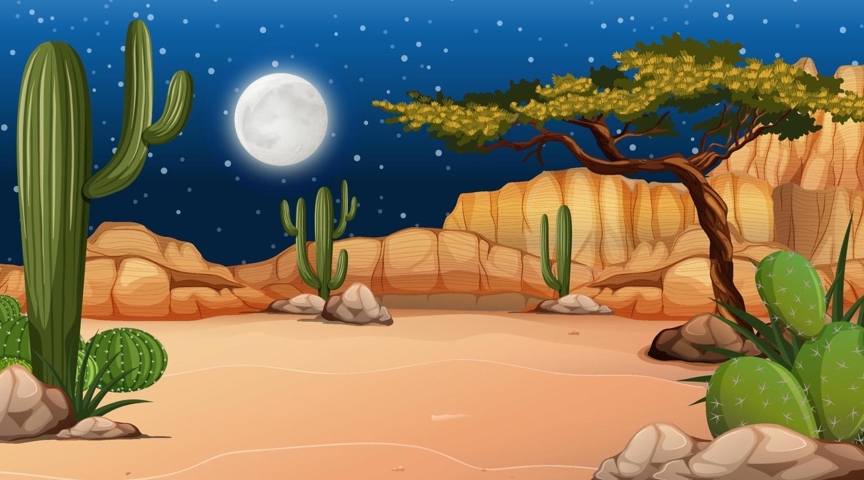 paisaje de bosque desértico en la escena nocturna con muchos cactus vector